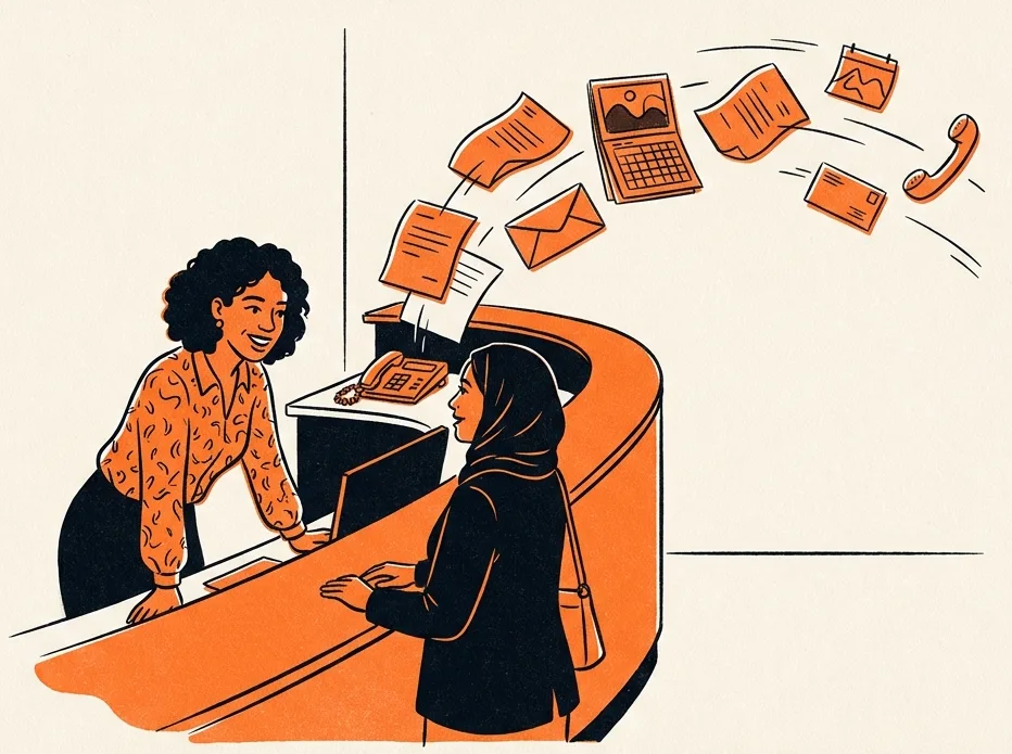 A receptionist talks with a patient while paperwork, calendars and phone calls fly off her desk.